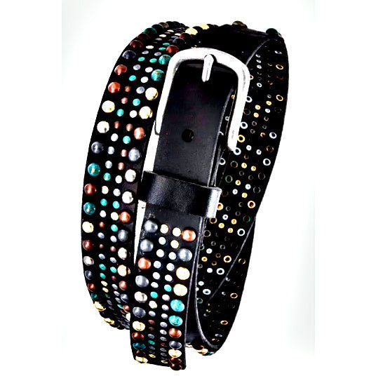 Black Leather Belt with Multi Colored Studs