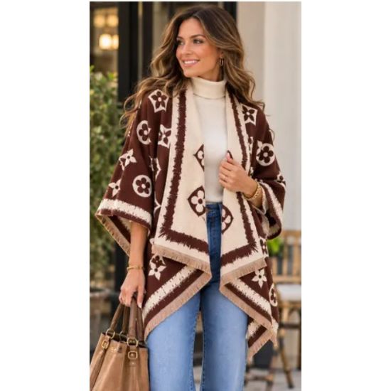 Brown & Ivory Floral Print Fringed Wrap