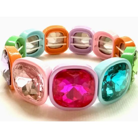 Square Crystal Gemstone Stretch Bracelet – Colorful Sparkly Statement Jewelry