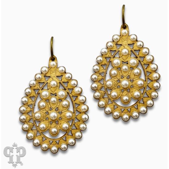 Gold Santa Fe Teardrop Earrings with Pearls – 2.5” Laser Cut Mini Hoops