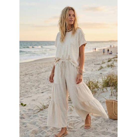 Natural Linen Blend Tiered Wide Leg Pants