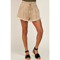 Beige Drawstring Frayed Hem Shorts - Rhinestone Gal