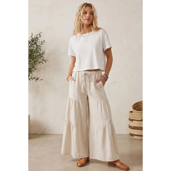 Natural Linen Blend Tiered Wide Leg Pants