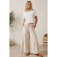 Natural Linen Blend Tiered Wide Leg Pants