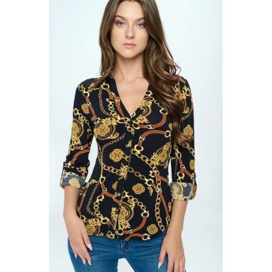 Navy Chain Print Roll-Up Sleeve Button Down Blouse