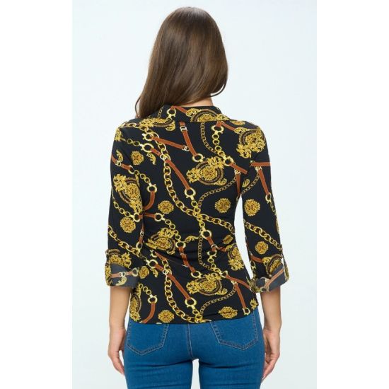 Navy Chain Print Roll-Up Sleeve Button Down Blouse