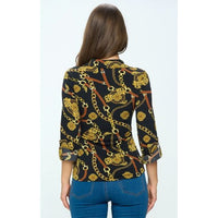 Navy Chain Print Roll-Up Sleeve Button Down Blouse