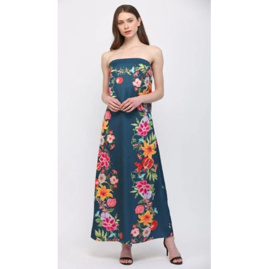 Navy Botanical Strapless Maxi Dress