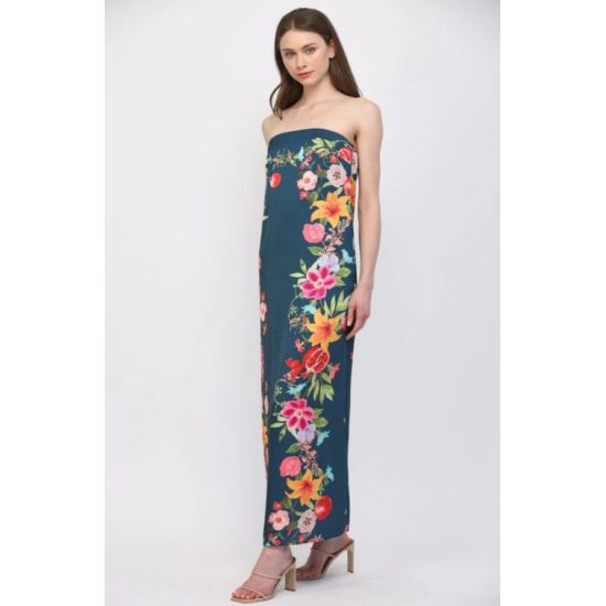 Navy Botanical Strapless Maxi Dress