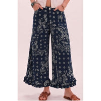 Navy Paisley Ruffle Hem Pants