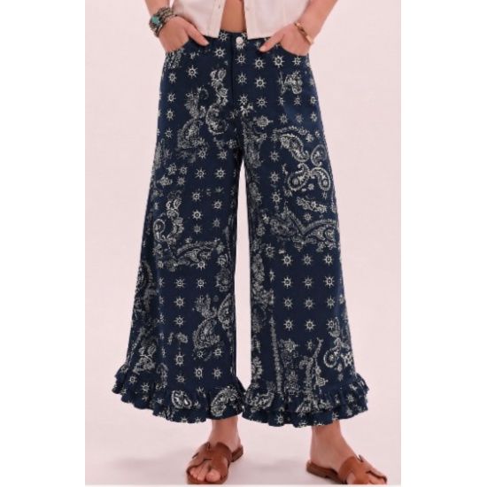 Navy Paisley Ruffle Hem Pants