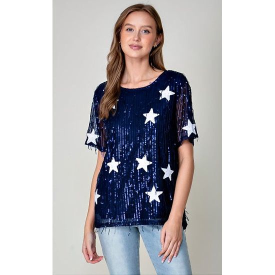 Navy Game Day Star Sequin Fringe Top