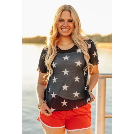 Navy Star Mesh Top – Sheer Stretch Tee