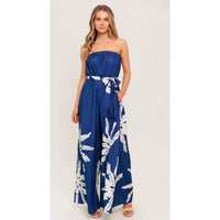 Navy White Tropical Strapless Wide Leg Jumpsuit