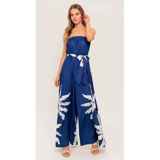 Navy White Tropical Strapless Wide Leg Jumpsuit