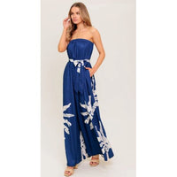 Navy White Tropical Strapless Wide Leg Jumpsuit