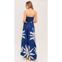 Navy White Tropical Strapless Wide Leg Jumpsuit