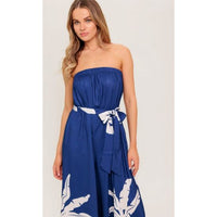 Navy White Tropical Strapless Wide Leg Jumpsuit