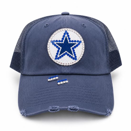 Navy Distressed Truckers Cap with Embellished Cowboys Emblem