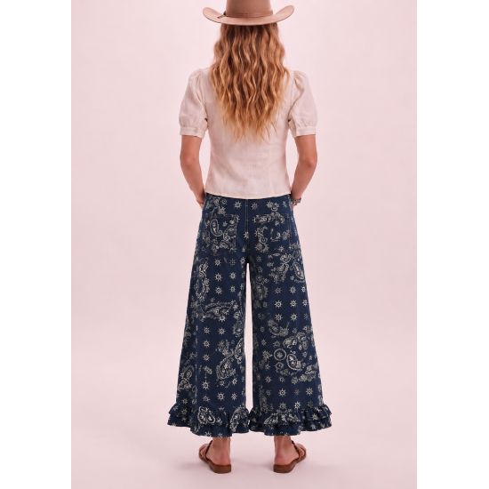 Navy Paisley Ruffle Hem Pants