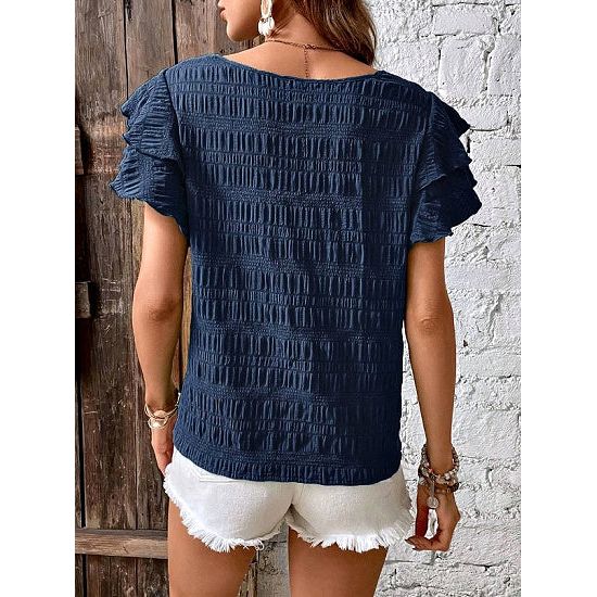 Navy Textured Ruffle Sleeve Top