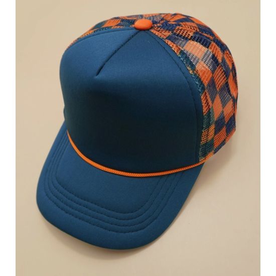 Navy & Orange Checkered Trucker Snapback Cap