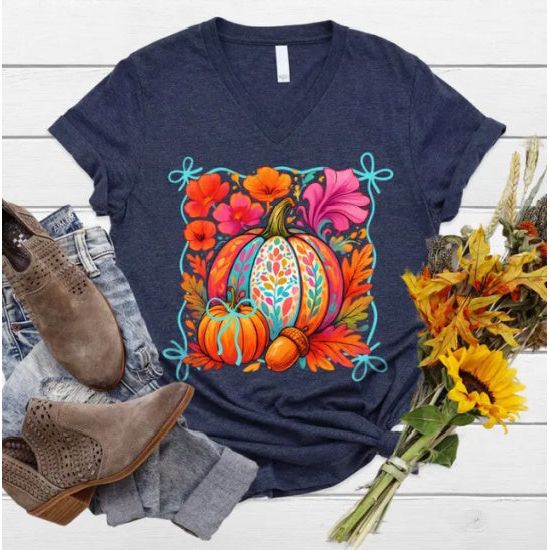 Pumpkins V-Neck Graphic Tee – Navy