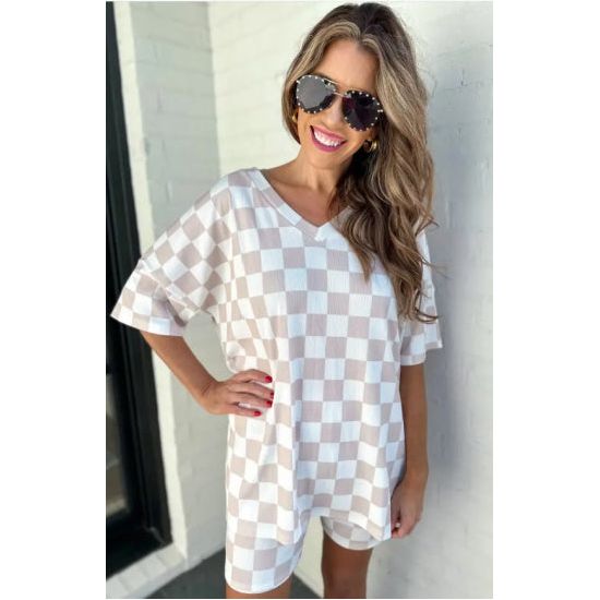 Neutral Checkered Ribbed Short Set