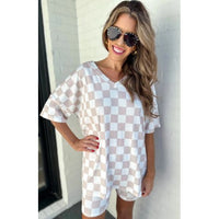 Neutral Checkered V-Neck Short Set