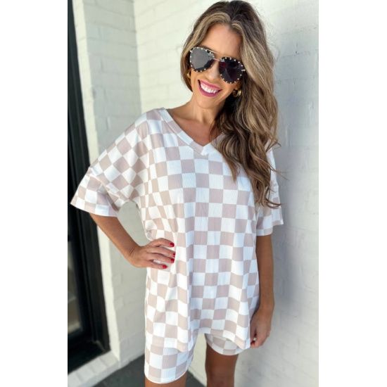Neutral Checkered V-Neck Short Set