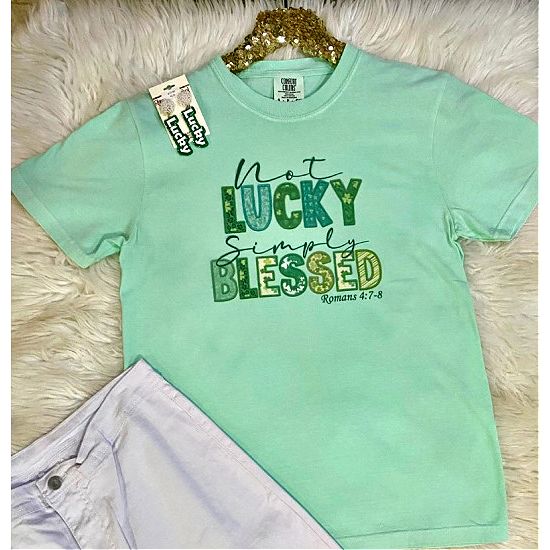 Not Lucky Simply Blessed Romans 4:7-8 Mint Graphic Tee