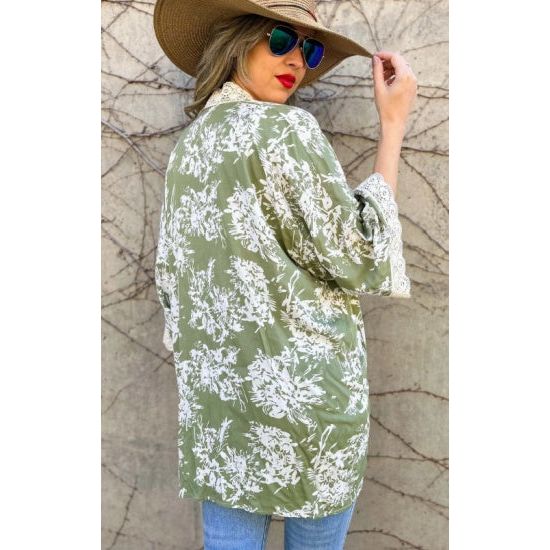 Olive Floral Kimono with Crochet Lace Trim