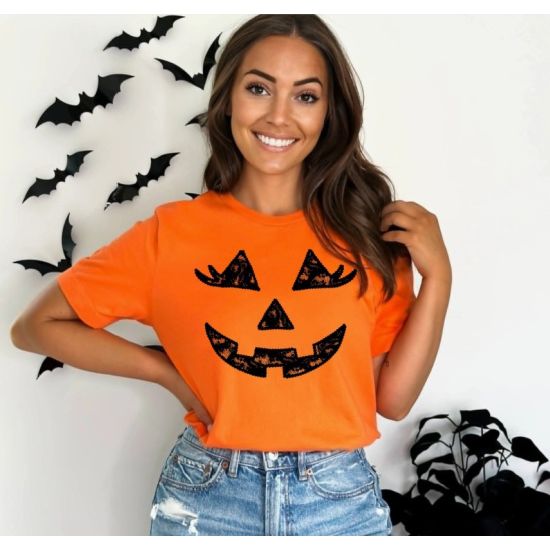 Orange Pumpkin Face Graphic Tee – Halloween Edition