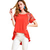 Red Orange Linen Top with Embroidered Sleeves
