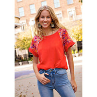 Red Orange Linen Top with Embroidered Sleeves