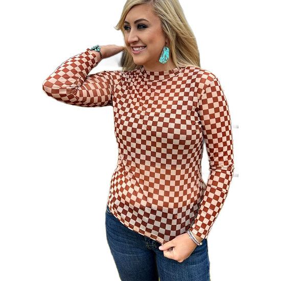 Burnt Orange and Cream Checkered Mesh Long Sleeve Top