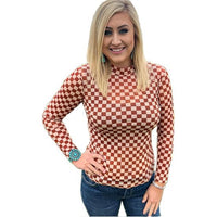 Burnt Orange and Cream Checkered Mesh Long Sleeve Top