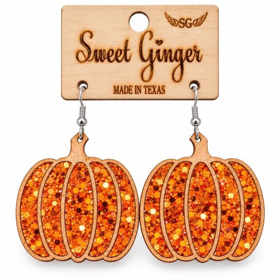 Orange Glitter Wooden Pumpkin Earrings