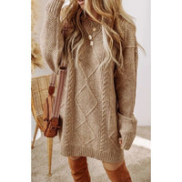 Camel Oversized Cable Knit Sweater Dress | Cozy Knit Winter Dress