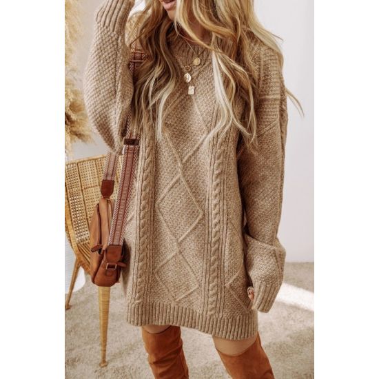 Camel Oversized Cable Knit Sweater Dress | Cozy Knit Winter Dress