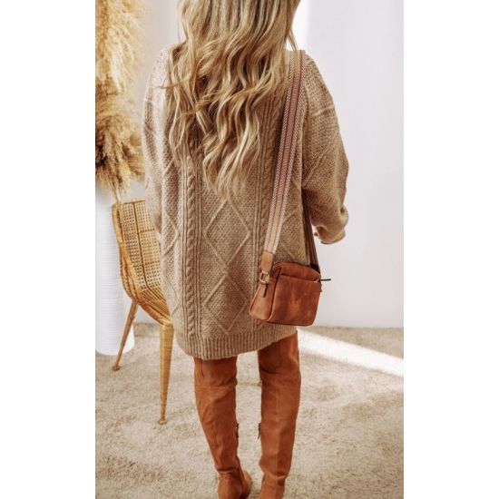 Camel Oversized Cable Knit Sweater Dress | Cozy Knit Winter Dress Rhinestone Gal Camel Oversized Cable Knit Sweater Dress | Cozy Knit Winter Dress Rhinestone Gal