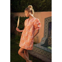 Peach Floral Jacquard Puff Sleeve Dress