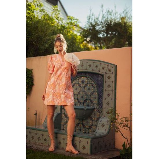 Peach Floral Jacquard Puff Sleeve Dress