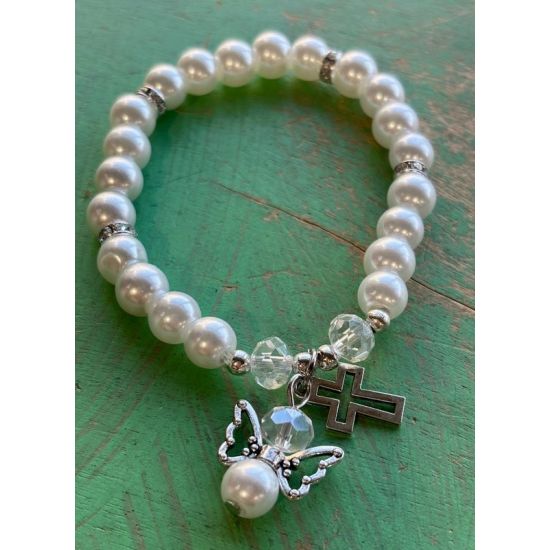Pearl Angel & Cross Stretch Bracelet