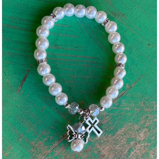 Pearl Angel & Cross Stretch Bracelet
