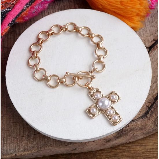 Worn Gold Primitive Cross Pearl Bracelet