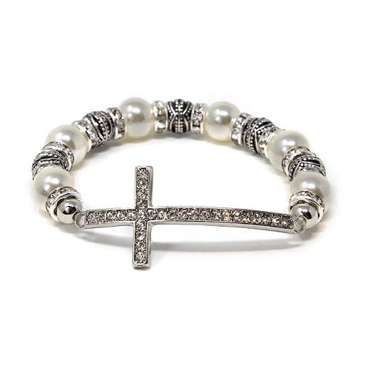 Crystal Cross Pearl and Antique Silver Tone Stretchy Bracelet