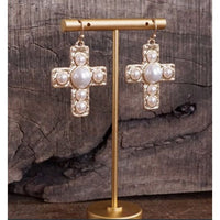 Primitive Worn Gold Cross Earrings – Turquoise or Pearl