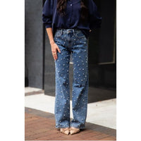 Pearl Embellished High Rise Wide Leg Jeans