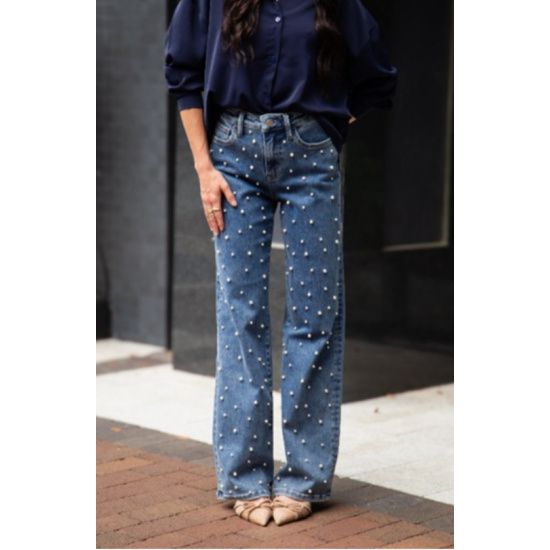 Pearl Embellished High Rise Wide Leg Jeans